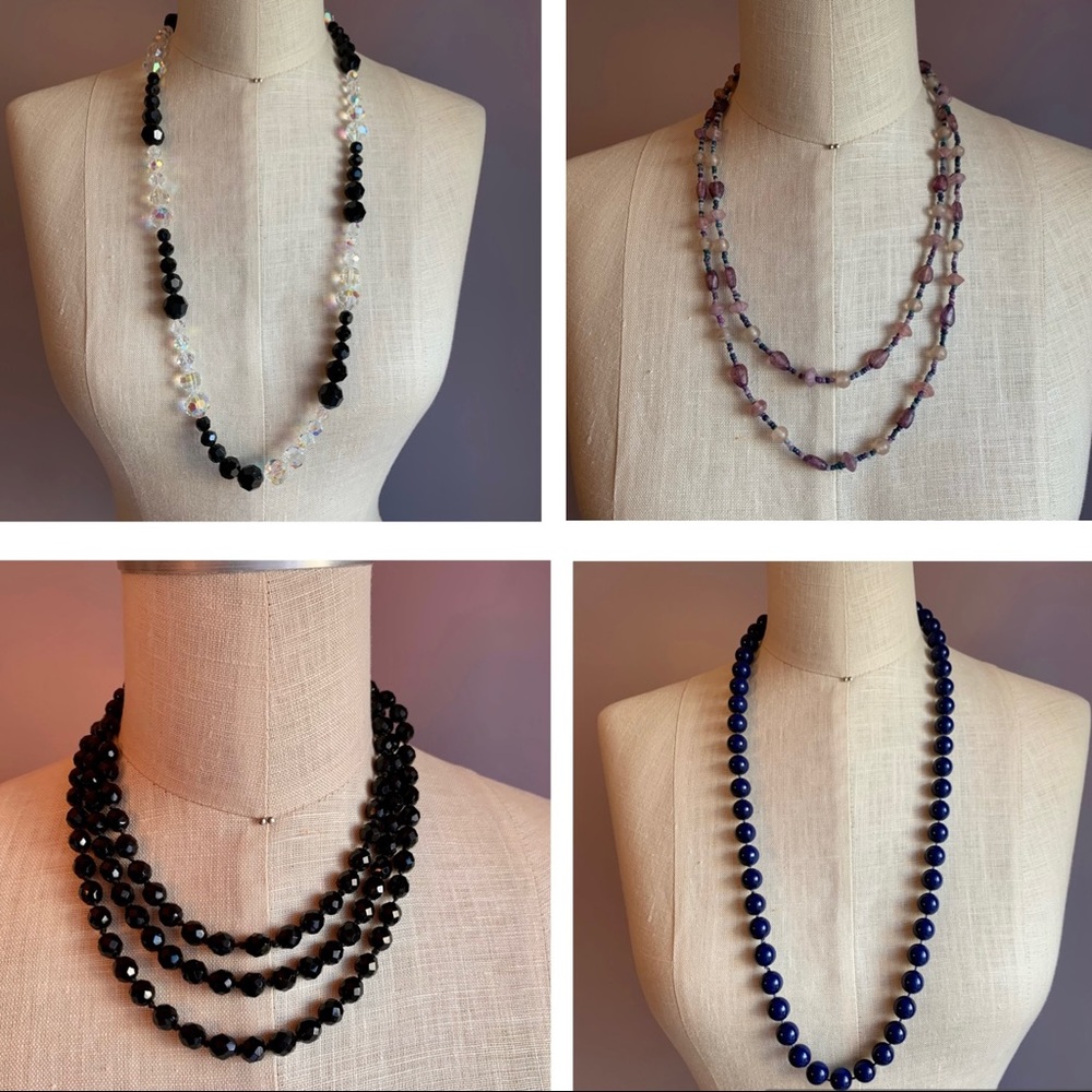 Set of 4 classic beaded long necklaces in blues and black